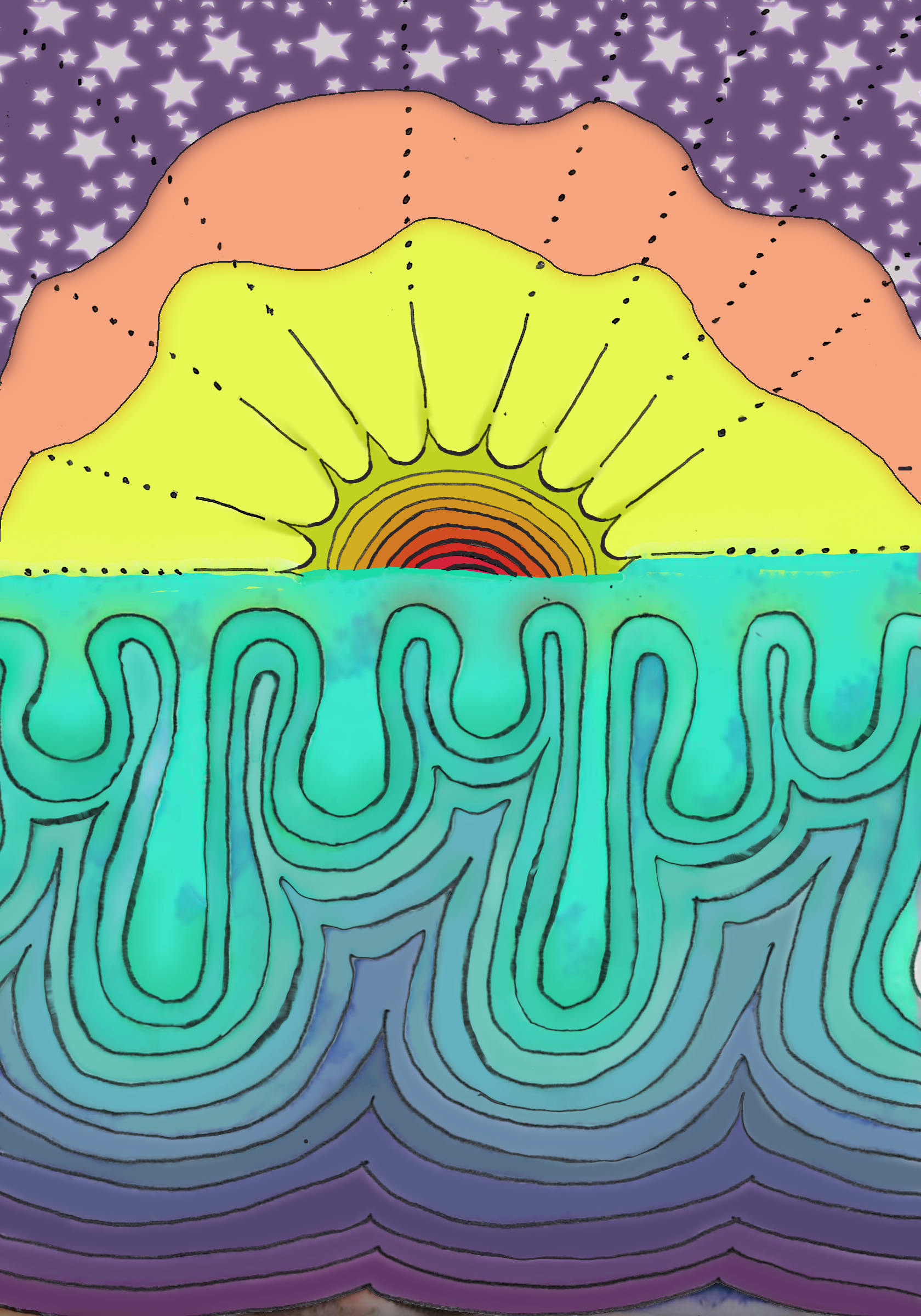 Digital dripping sunrise over a light to dark blue gradient dripping ocean