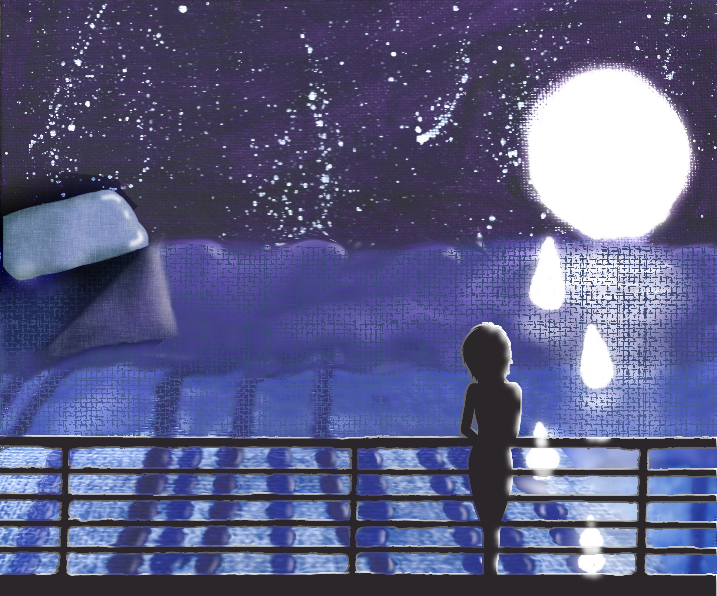 Ocean at night with a bright moon dripping on the left and the ocean blending into a bed with a pillow on the left. The sky is full of stars. At the bottom a silhoette of a railing with a woman leaning against it.