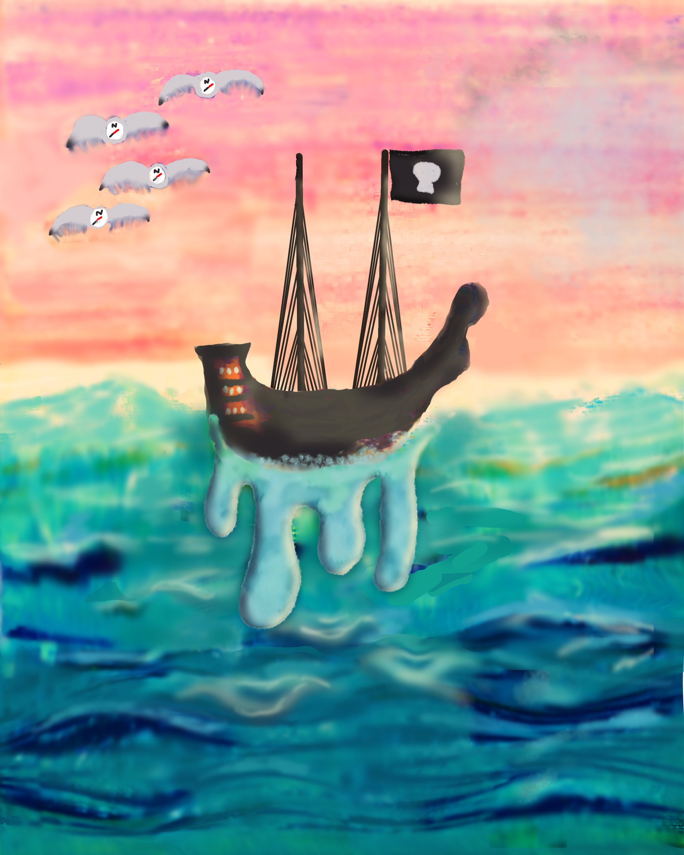 Watercolor ocean and sunset sky colors with digital pirate shipping dripping water and compass birds in the top left